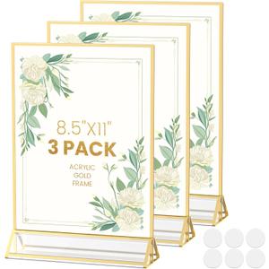 Acrylic Sign Holder 8.5X11 Gold Frames Double-Sided Gold Picture Frames Flyer Holder for Menu Holder Wedding Table Number Holder Photo Frames with Double-Sided Stickers-3 Pack