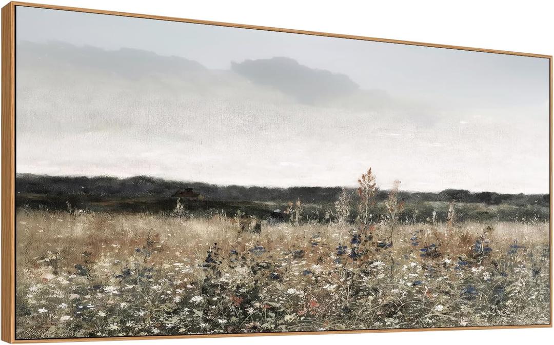 Tucai Decor Country Meadow Landscape Canvas Art Wildflowers and Field Farmhouse Wall Decor Framed Rustic Floral Print Ready to Hang 24x48 Inch Painting for Living Room Kitchen