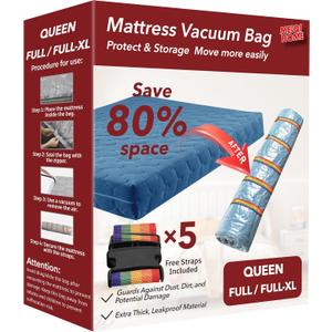 Queen/Full/Full-XL Mattress Vacuum Bag for Moving and Storage, Vacuum Seal Compression Bag for Queen and Full Size Mattresses, Heavy Duty Mattress Bag for Storage, with Sealing Clip and 5 Straps