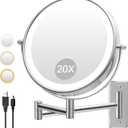 1X/20X Wall Mounted Makeup Mirror with Lights, 8" Double Sided Bathroom Magnifying Mirror with 360 Extension Arm, Dimmable, Rechargeable, Touch Control, Chrome