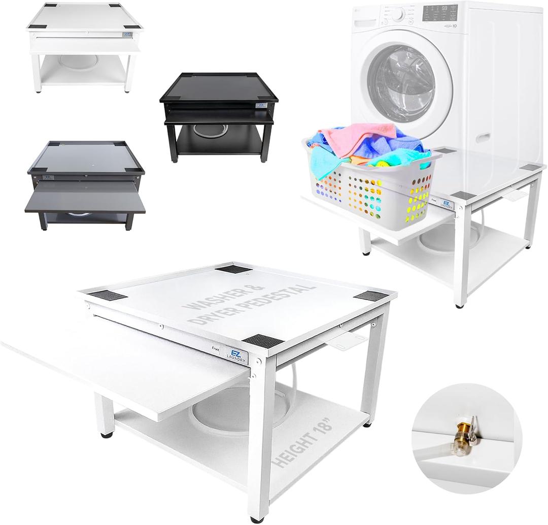Washer and Dryer Pedestals  White 28" Fit, 18" Tall Steel Stand for Back Relief with Pull-Out Shelf, Drain Pan & Hose, 800 lb Capacity, Easy Setup  Laundry Pedestal for Washer and Dryer
