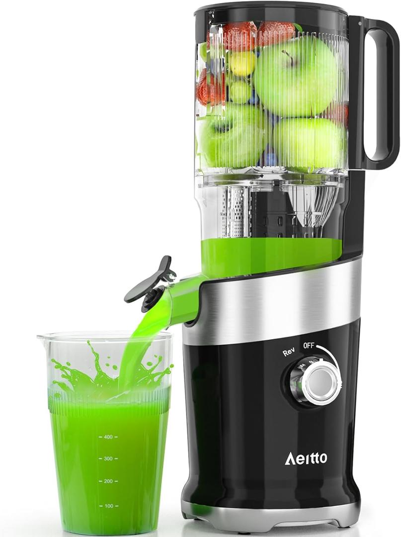 Juicer Machines, Aeitto Cold Press Juicer,4.9" Wide Mouth Fits for Whole Fruits and Vegetables, Slow Masticating Juicer Easy to Clean, High Juice Yield, Black