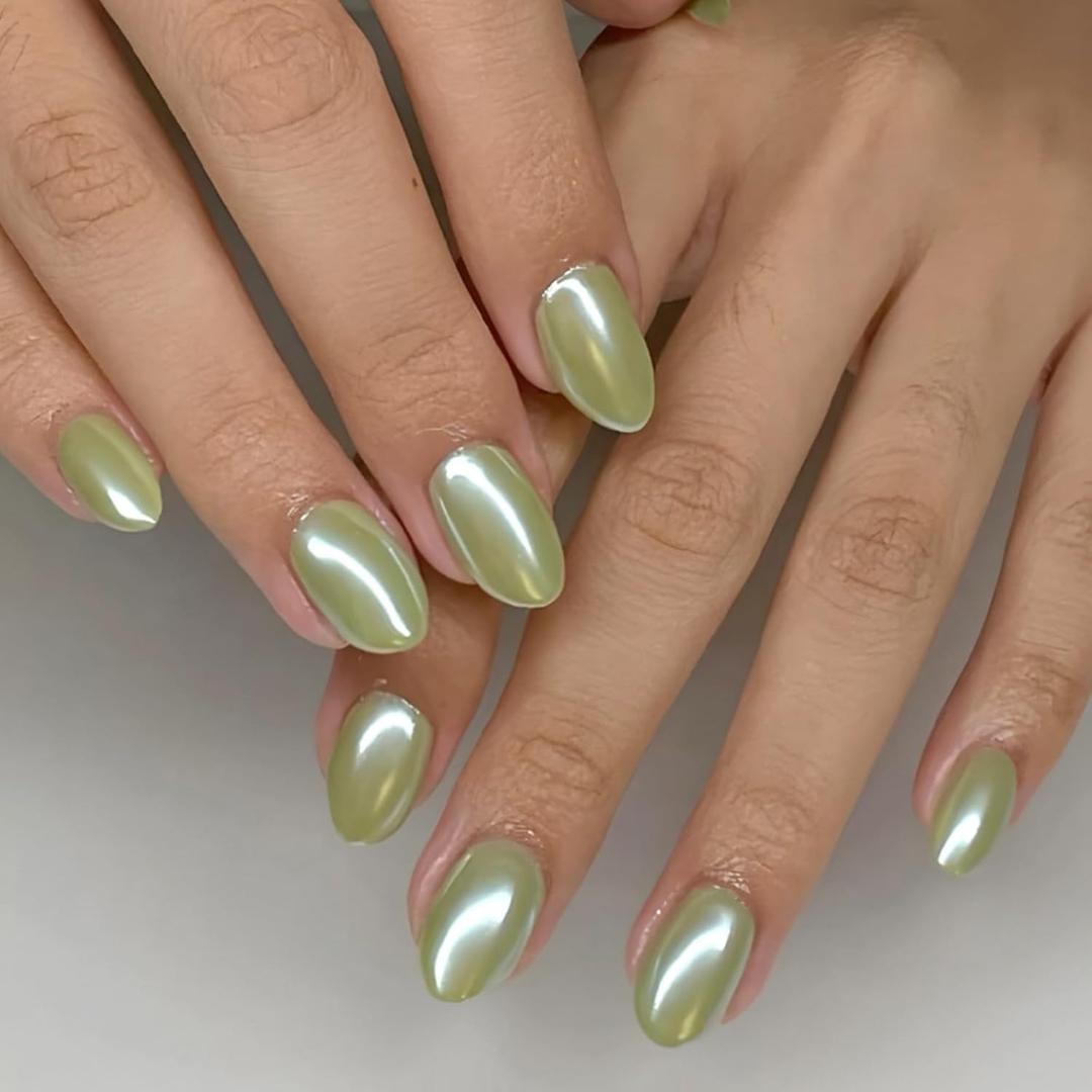 32Pcs Green Press on Nails Chrome Fake Nails Short Oval False Nail Solid Color Glossy Full Cover Reusable Artificial Stick on Nail for Women Manicure Kit