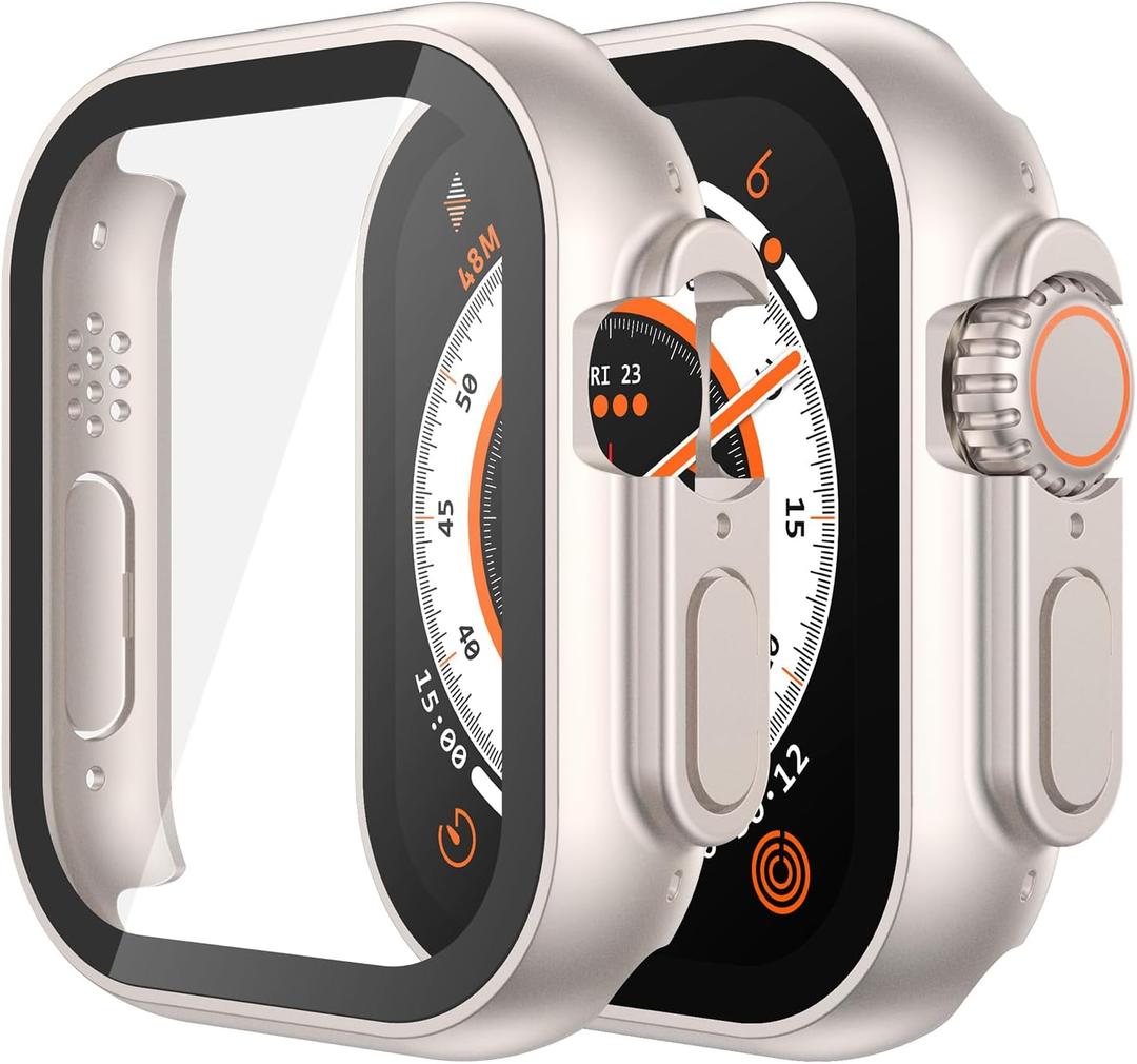 Misxi 2 Pack Hard PC Case Built in Tempered Glass Compatible with 49mm Apple Watch Ultra 3 (2025) / Ultra 2 / Ultra, Thin Protective Case with Screen Protector for iWatch, Cover with Button, 2 Starlight