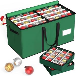 Kesfitt Christmas Ornament Storage Box with 8 Trays,Christmas Storage Container with Dividers Fits 128 Holiday Ornaments Decorations,Double Zipper,Large Xmas Organizer with Pockets (Green)
