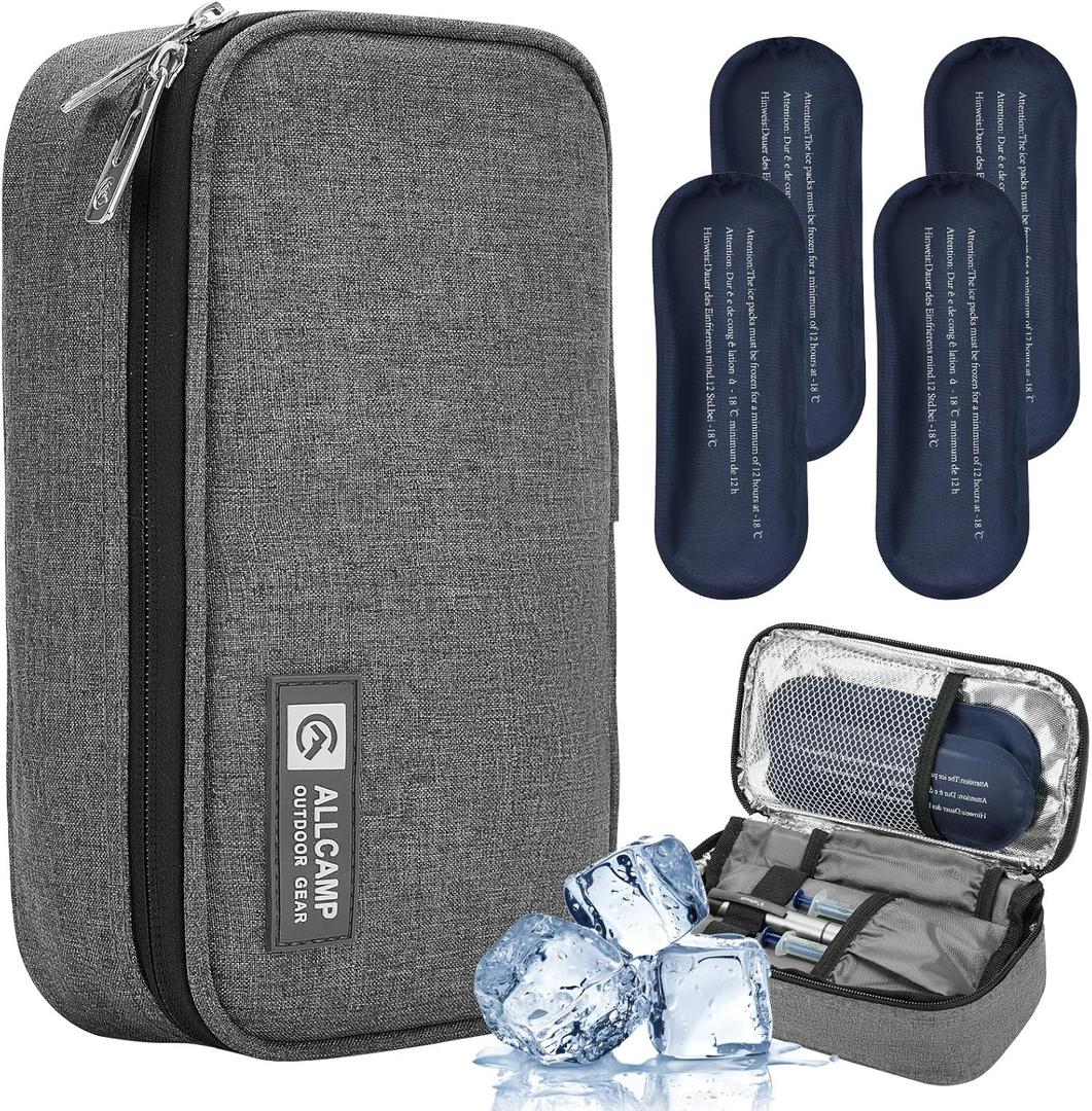 ALLCAMP Insulin Cooler Travel Case TSA Approved, Diabetic Medication Cooler Bag with 4 Ice Packs & Multi-Layer Storage, Portable Medical Cooler with Insulation Liner(Gray)