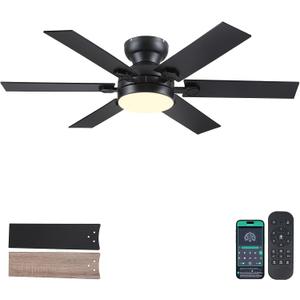 46" Low Profile Ceiling Fans with Lights and Remote,Black Indoor Ceiling Fans with Quiet Reversible DC Motor, Modern Flush Mount Fans Light for Bedroom Kitchen