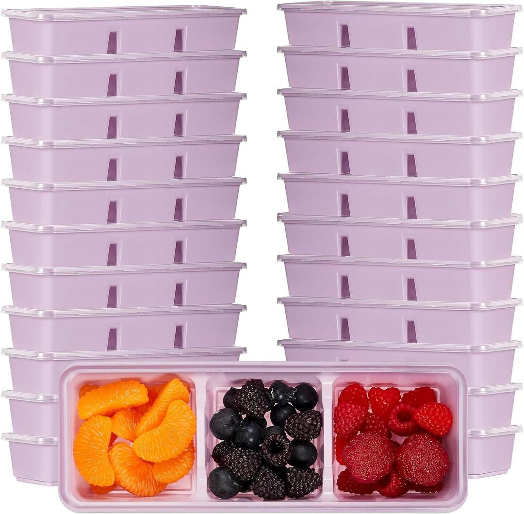 Hushee 25 Pack 17 oz Small Meal Prep Containers with 3 Compartments Snack Containers with Lid Disposable Plastic Bento Box Travel Lunch Food Boxes Stackable for Office Picnic (Purple)