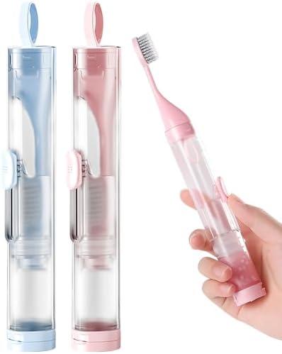 Pack of 2 Travel Toothbrush and Toothpaste Set, Foldable Travel Size Toothbrush, Including 2 Cleaner Heads with Soft Bristles, Portable Tooth brush for Camping, School, Business Trips (Blue & Pink)
