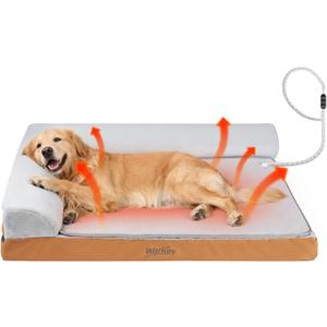 Heated Dog Bed Large Sized Dog, Heated Pet Bed for Large Dogs, Waterproof Couch Memory Foam Dog Sofa Bed with Pet Heating Pad - 35x27.95x6.3in, Brown