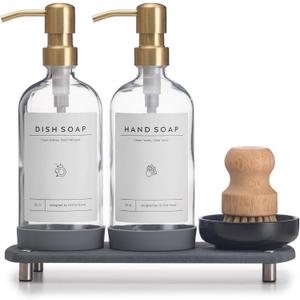 [Luxury] Kitchen Soap Dispenser Set  16OZ Clear Glass Bottle, Stainless Steel Pump, Instant Dry Tray, Waterproof Labels, NonSlip Silicone Pad, and Dish Brush | Upgrade for Your Kitchen and Bathroom