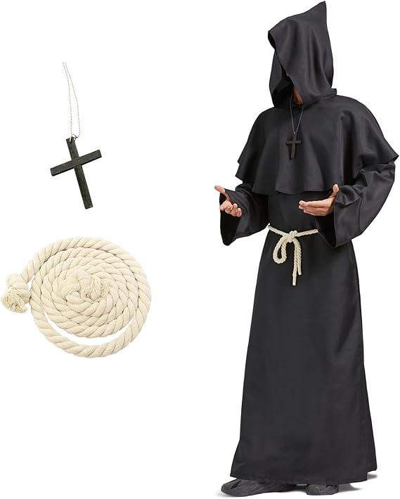 Friar Medieval Hooded Monk Renaissance Priest Robe Costume Cosplay for Adults Wizard Cloak Priest (XL,Black)