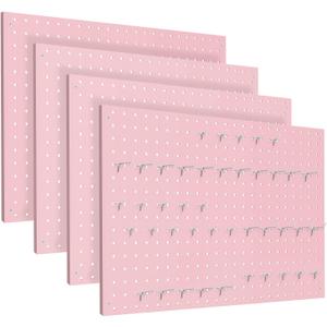 Peg Board, 4 Pack Metal Pegboard Panels Pink Pegboards Wall Organizer with Frame Large Heavy Duty Peg Board with Hooks for Walls Home, Garage Tool Storage, Office, Craft Room, Kitchen 24”×16”