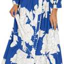Wenrine Womens Maxi Shirt Dress Casual Floral Collared 3/4 Long Sleeve Drawstring Waist Button Down Boho Dresses (Large, Navy)