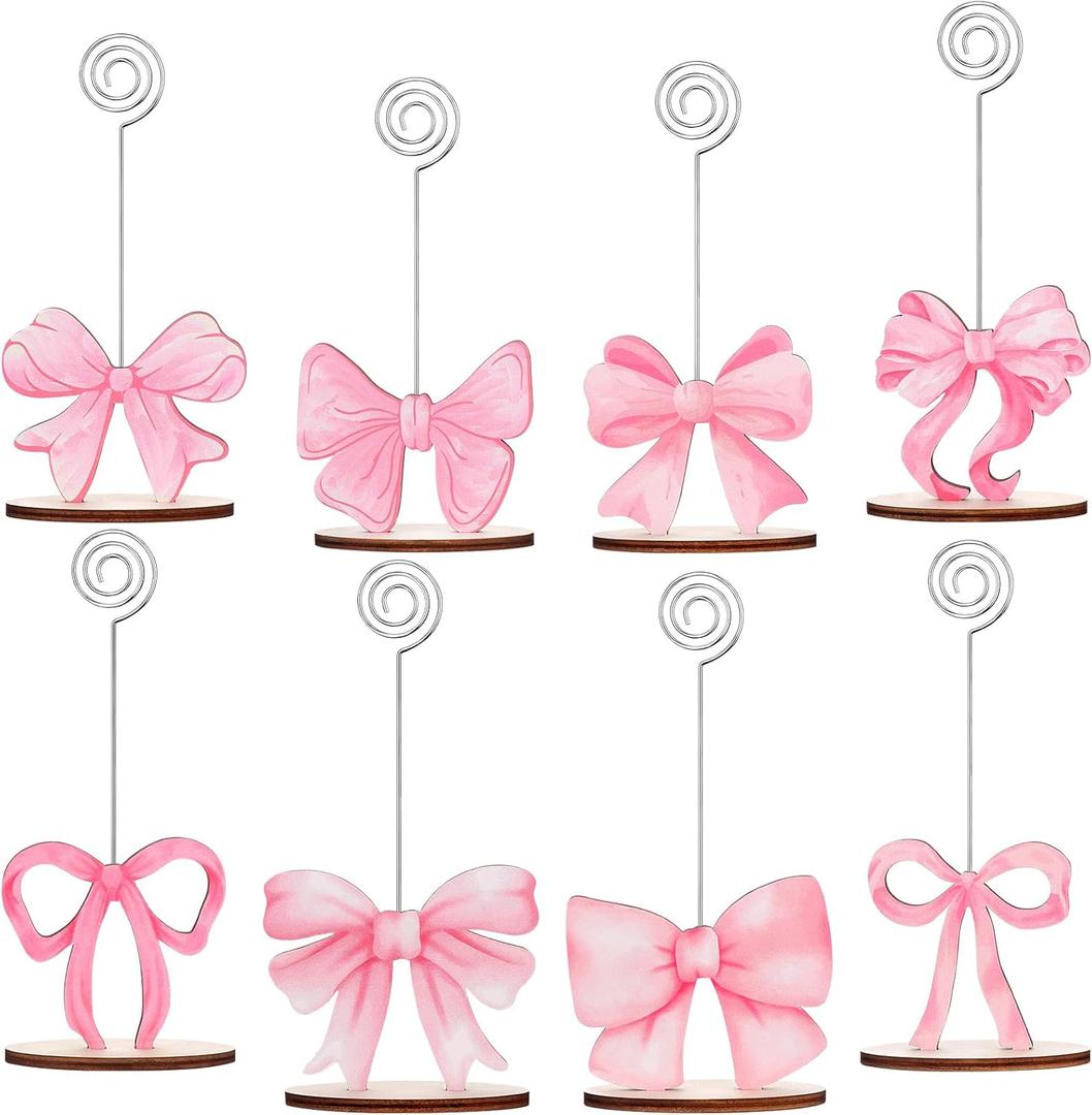 8 Pcs Pink Bow Place Cards Coquette Bow Reserved Seating Signs Table Number Holders Metal Wire Memo Clips Stands Bow Party Decorations for Wedding Bow Party Birthday Baby Shower Office