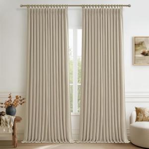 Heavy Natural Linen 100% Light Blocking Curtains & Drapes 96 Inches Long 2 Panels Set for Bedroom, Neutral Pinch Pleated Black Out Thermal Warm Beige Curtain for Summer Heat Energy Efficient 40W x 96L