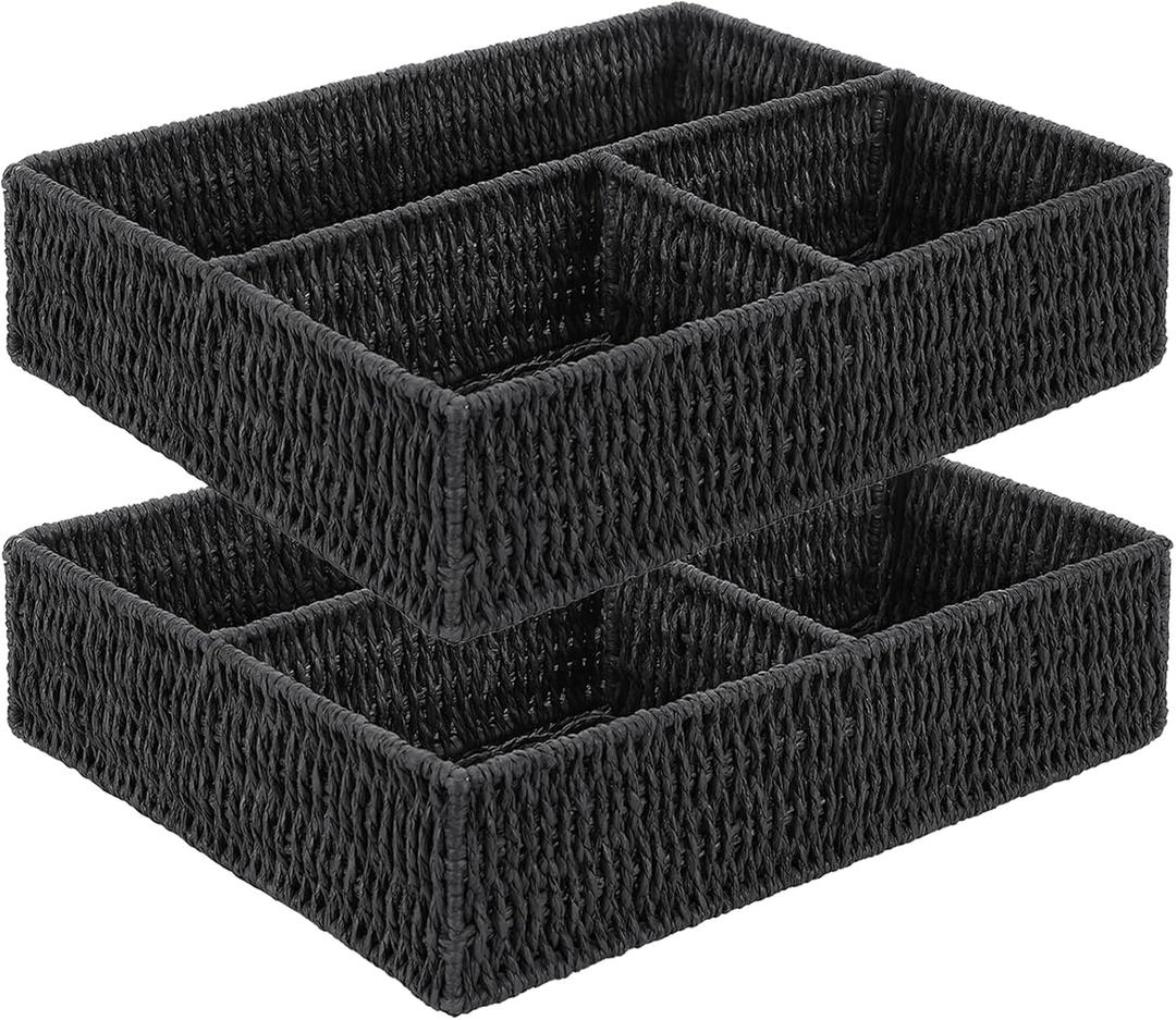 Vagusicc Wicker Divided Storage Basket, Black Wicker Baskets, Basket for Shelves Drawer Organizing, 3 Section Rectangular Woven Storage Baskets, 2-Pack (Paper Rope (Black))