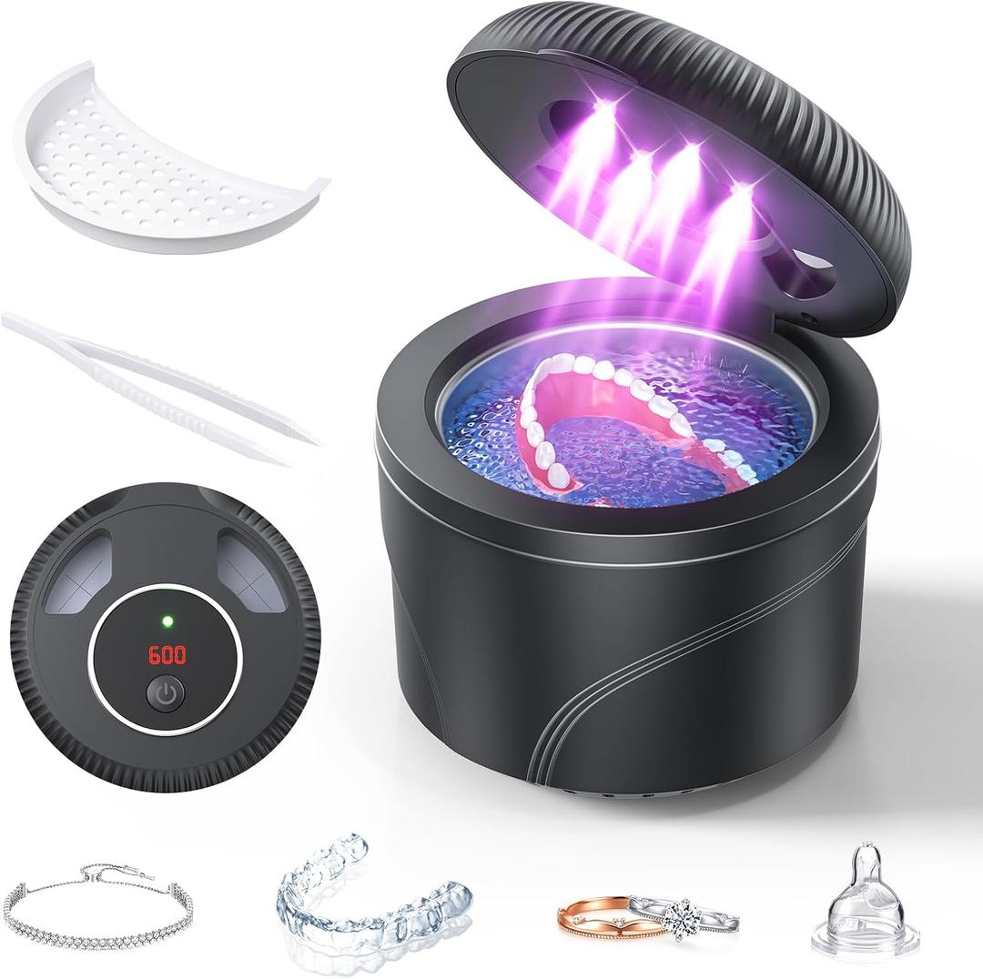 Ultrasonic Retainer Cleaner, 45kHz Retainer Cleaner Machine for Dentures, Mouth Guards, Aligner, Toothbrush Heads, Jewelry, 4 Modes Denture Cleaner with Digital Timer & 200ML Dental Cleaning Pod (Black)