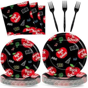96Pcs Welcome Back to School Plates and Napkins School Season Party Decorations Back to School Dessert Plates Red Apples Tableware Set for 24 Guests Kids Birthday First Day of School Party Supplies