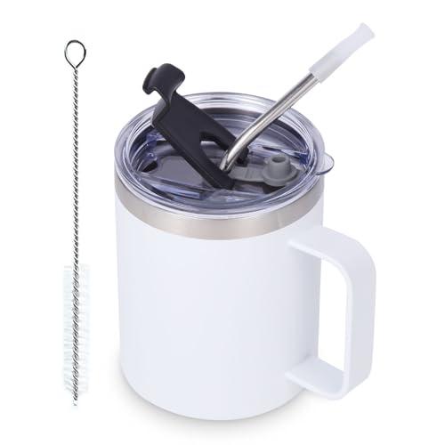 Volhoply 12oz Insulated Leakproof Coffee Mug with Flip & Straw Lid,Double Wall Vacuum Stainless Steel Travel Cafe Tumbler Cup with Handle, Reusable Camping Mugs Keep Cold/Hot(White, 1 Set)