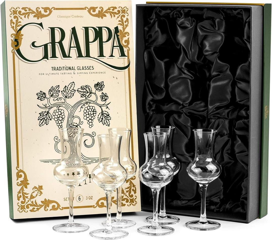 Crystal Grappa and Cordial Glasses | Set of 6 | Small 3 oz Long Stemmed Spirit Glassware for Liqueur, After Dinner Drink, Aperitif, Digestive | Italian Tulip Shaped Stemware for Nosing, Sipping