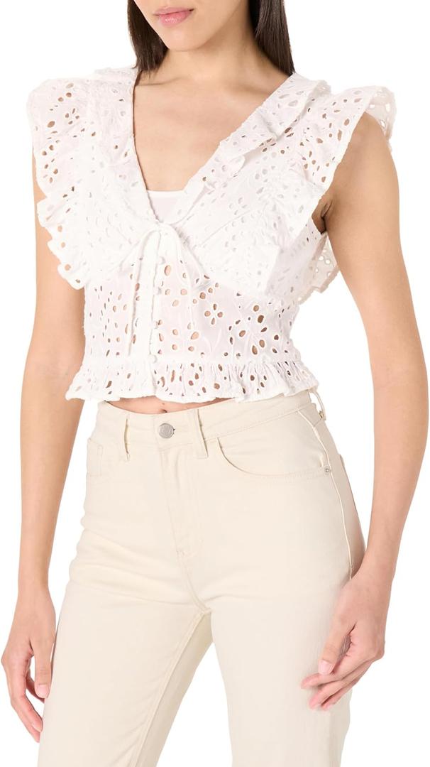 The Drop Womens Margo Tie Front Ruffle Detail Sleeveless Blouse (Medium, White Eyelet)