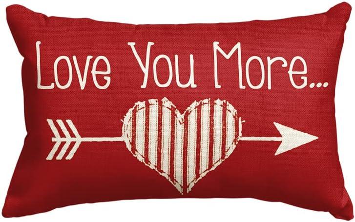 AVOIN colorlife Valentine's Day Love You More Arrow Love Heart Throw Pillow Cover, 12 x 20 Inch Red Cushion Case Decoration for Sofa Couch