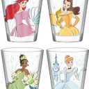 Silver Buffalo Disney Princess Featuring Ariel, Belle, Tiana, and Cinderella 4 Pack Mini Glass Set, 1.5 Ounces