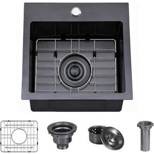 Friho 15x15 Inch Drop In Black Bar Sink, 16 Guage Stainless Steel Topmount Outdoor RV Small Kitchen Sink, 15 Inch Wet Prep Single Bowl Utility Bar Sink With Dish Grid & Drain