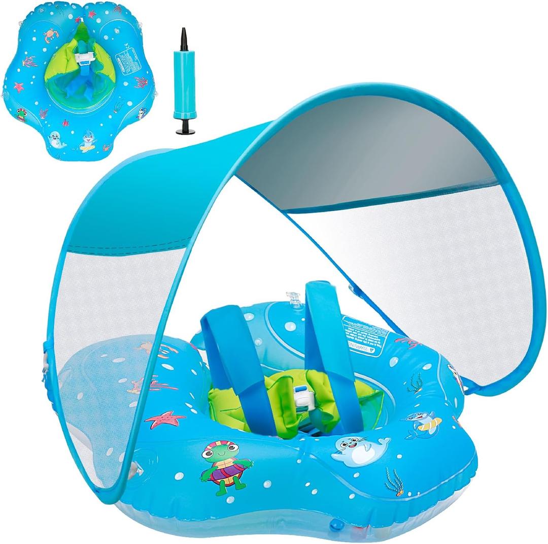 Baby Pool Float with Canopy,UPF50+ Sun Protection, Anti-Flip Double Air Chambers,Infants & Toddlers Swimming Water Float with Safety Seat, 2-in-1 Backstroke& Breaststroke, Suitable for 3-36 Months, Large