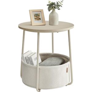 VASAGLE End Table, Small Bedside Table with Fabric Basket, Modern Nightstand, Round Side Table, for Living Room, Bedroom, Cream White ULET223K67