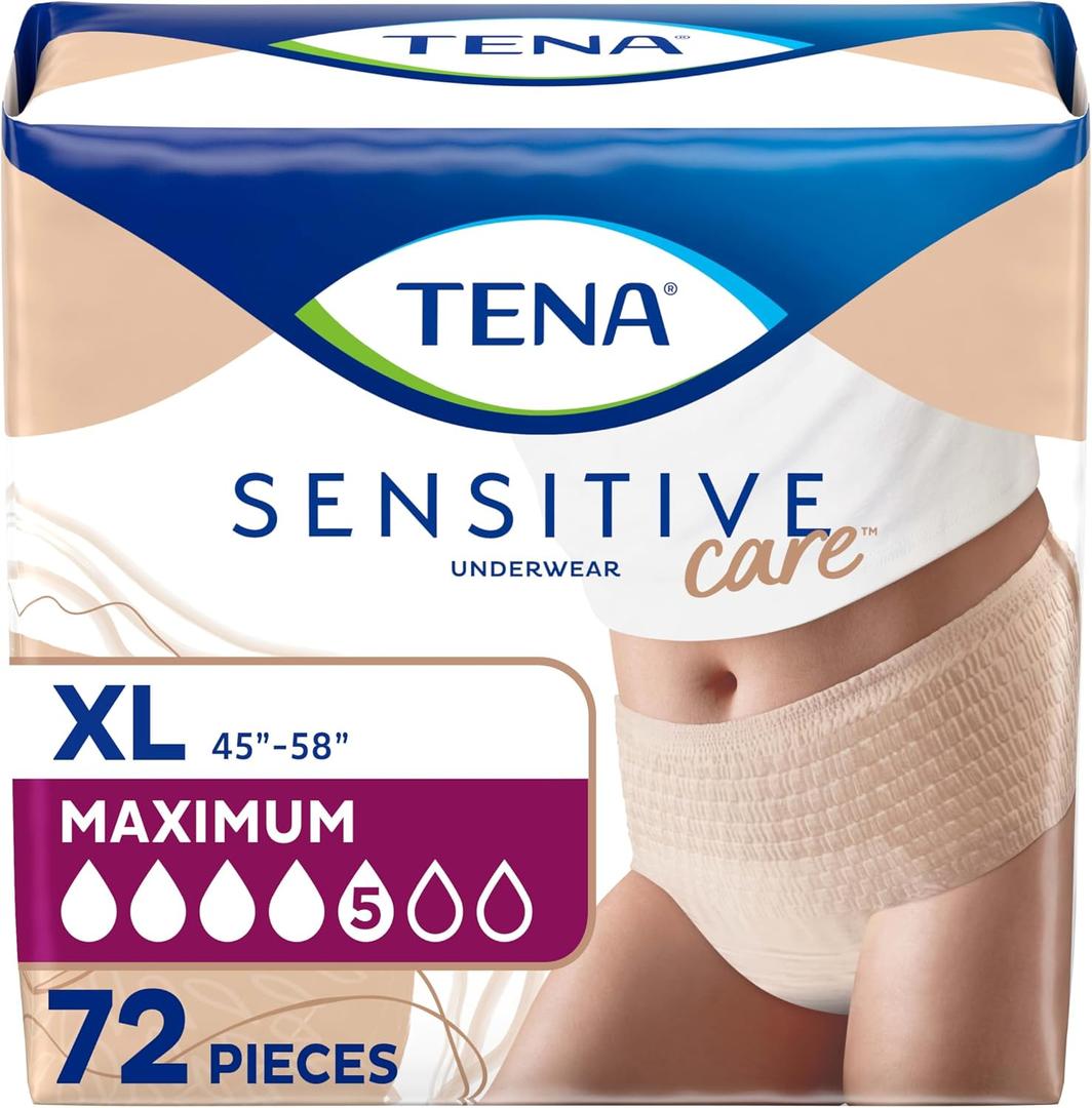 Tena Sensitive Care Adult Incontinence Underwear for Women, Maximum, XL, 72 Count (Waist Size 45in-58in)