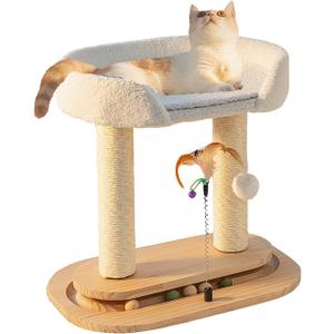 5-in-1 Small Wooden Cat Tree Tower,16.34" Lx11.81 Wx16.54 H,Natural Sisal Cat Scratching Post with Bed for Indoor Cats,Interactive Cat Feather Toy,Ball Track Toy for Kittens and Cats,White