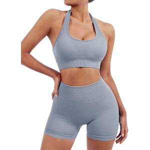 SUUKSESS Women 2 Piece Workout Sets Hidden Scrunch Butt Lifting Biker Shorts Square Neck Tank Tops (XL, Blue)