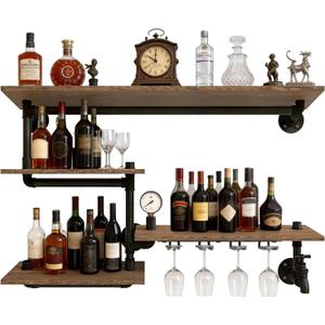 Industrial Pipe Shelving Wine Rack Wall Mounted，Bar Shelves Hanging Wine Rack with 4 Stem Glass Holder,Liquor Bottle Display Shelf is Suitable for Living Room, Kitchen