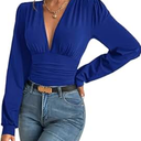 SURRO Women's Bodysuit Shirts Elegant Deep V Neck Leotard Blouses Long Sleeve Belly Hiding Tops Hook Closure, S
