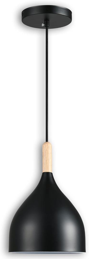 Modern Pendant Light, 6.6"x6.6"x7" Iron Hanging Fixture with Warm Oak Woodgrain, 15"-72" Adjustable Cord, E26 Socket, 4.7" Ceiling Canopy for Kitchen, Entryway Carbon Black