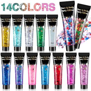 AROIC 14 Colors Body Glitter, Face & Hair Glitter Gel Set for Festival, Eye Shimmer for Women Glow in The Dark Rave Accessories Party Supplies, Face Paint Hair/Cheek/Eyelid Sparkle Makeup(18ml/Tube)