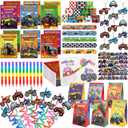 Monster Truck Party Favors Serve 12, Machine Jam Birthday Supplies include Slap Bracelet Coloring Books with Stacking Crayons Drinking Straws Keychain Stickers Gift Bags for Kids 122Pcs