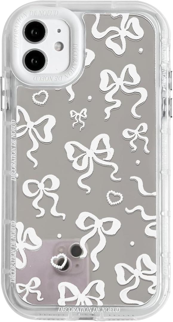 NITITOP Compatible with iPhone 11 Case Cute Mirror Bow Love Heart Pattern for Women Girls Ribbon Design Shockproof Silver Protective Phone Cover - White Bow
