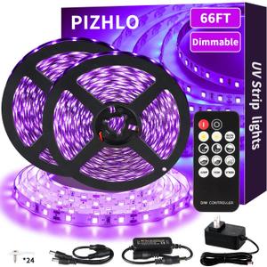 66ft Dimmable Black Light Strip & Remote, 1200 LEDs 12V Flexible LED Blacklight Strip, 20m LED Ribbon, Non-Waterproof Black Lights for Glow Party Birthday Halloween Christmas Party Body Paint (66ft/20M)