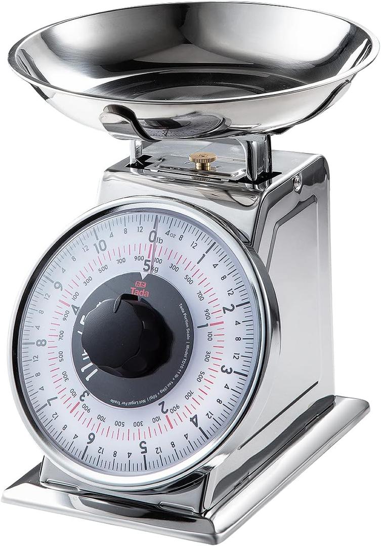 Tada 11lb Analog Mechanical Kitchen Weighing Food Scale with Bowl, Tare Function, Retro Style, Stainless Steel