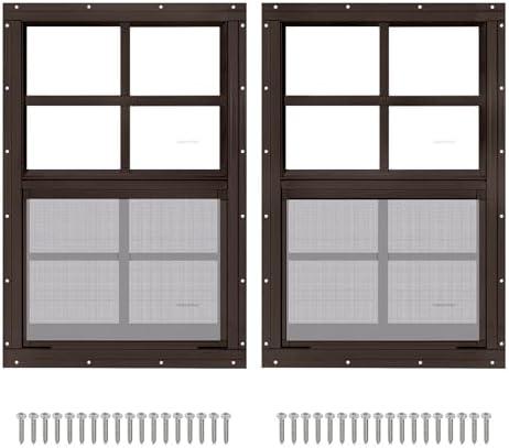 2 Pack 16" x 16'" Brown Shed Window with Tempered Glass and Fiberglass Screen Household Sliding Windows with Screws for Shed, Chicken Coop, Playhouse, Garage and Barns