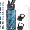 BJPKPK Insulated Water Bottles with Straw Lid, 32oz Metal Large Water Bottle with 3 Lids, Reusable Leak Proof BPA Free Thermos, Stainless Steel Tumblers for Sports, Gym, Travel-Ocean