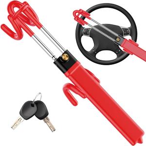 Car Steering Wheel Lock - Heavy Duty Anti-Theft Steering Wheel Lock for Car SUV Truck, Double Hook Design Steer Wheel Lock with 2 Keys, Universal Fit Car Lock Steering Wheel Security,Red