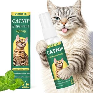 Organic Catnip & Silvervine Spray for Cats - 100% Natural Double Plant Power to Boost Play, Calm Stress & Renew Toys, Scratchers for Indoor Kittens (2 Fl Oz)