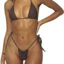 MIYOUJ Women Halter String Bikini Set Sexy Thong Cheeky Two Piece Swimsuits Solid Color Bathing Swimwear (Brown, S)