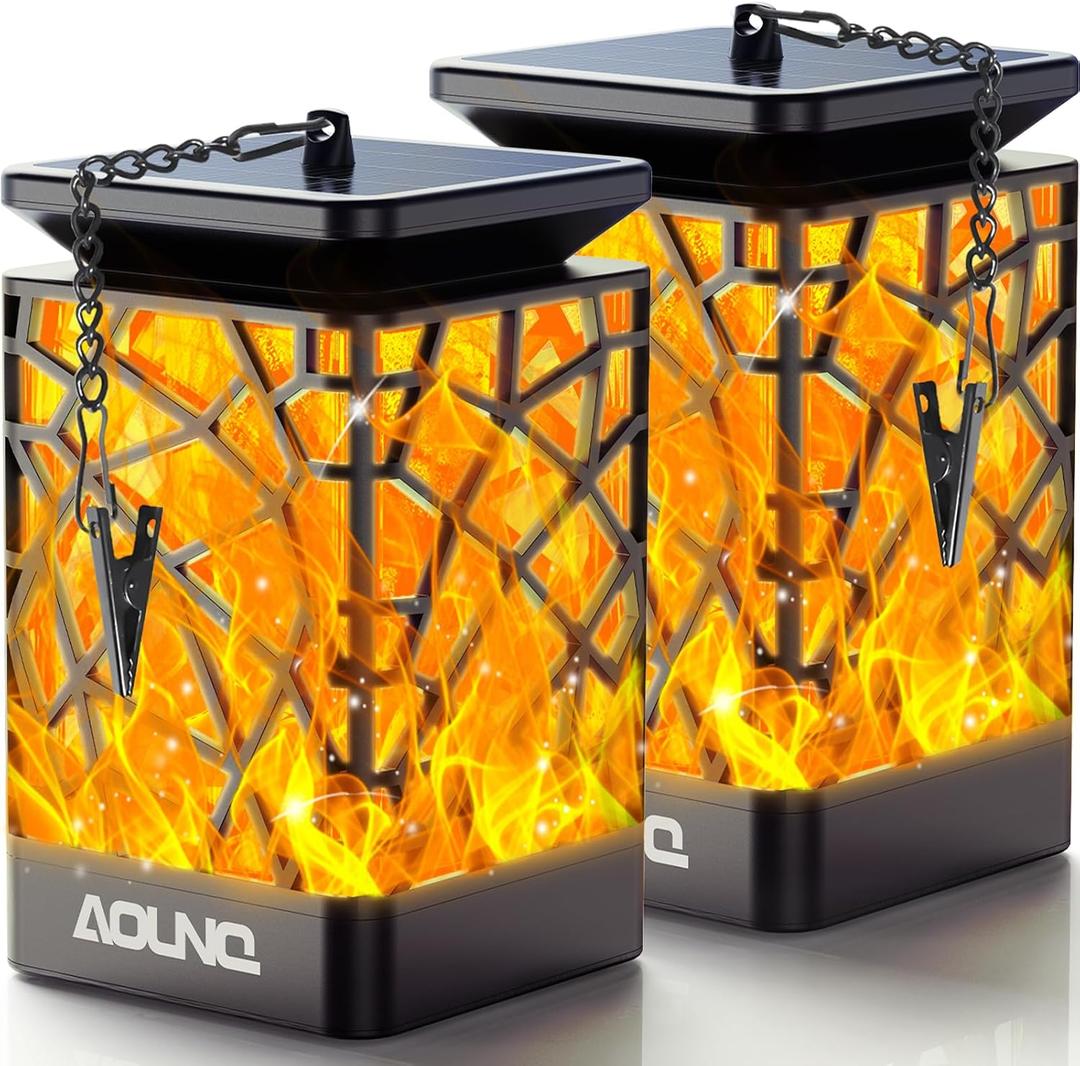 Solar Lanterns Outdoor Waterproof 2 Pack - Upgraded Hanging Solar Lights with 99 LEDs Flickering Flames for Garden Patio Yard Porch & Camping Decorative Lighting
