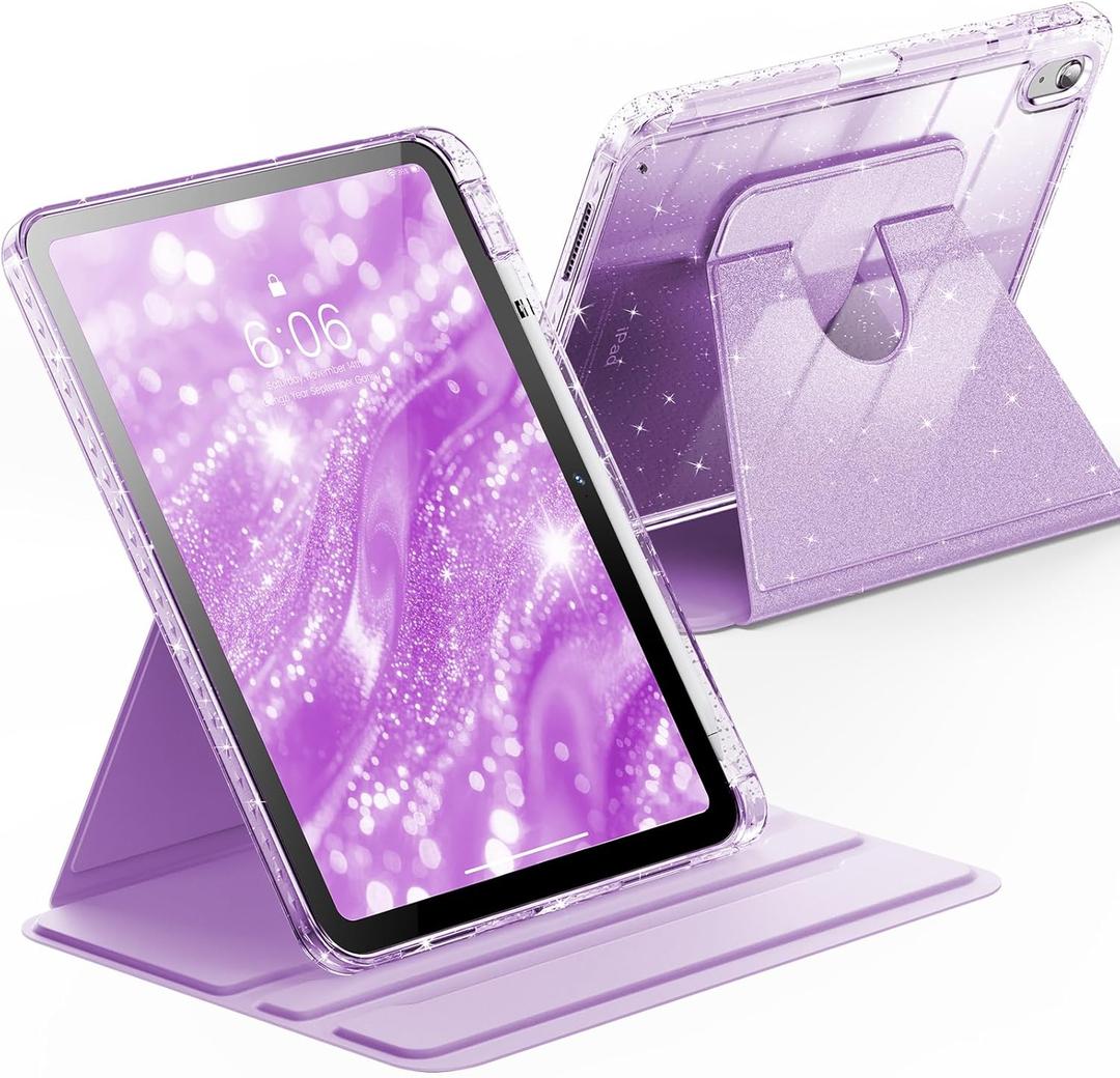 INFILAND Case for iPad A16 11-inch 11th Generation, iPad 10th Generation Case 10.9 Inch for Kids, Girls, 360 Rotating Cute Glitter Cover with Crystal Clear Back, Pencil Holder (Light Purple)