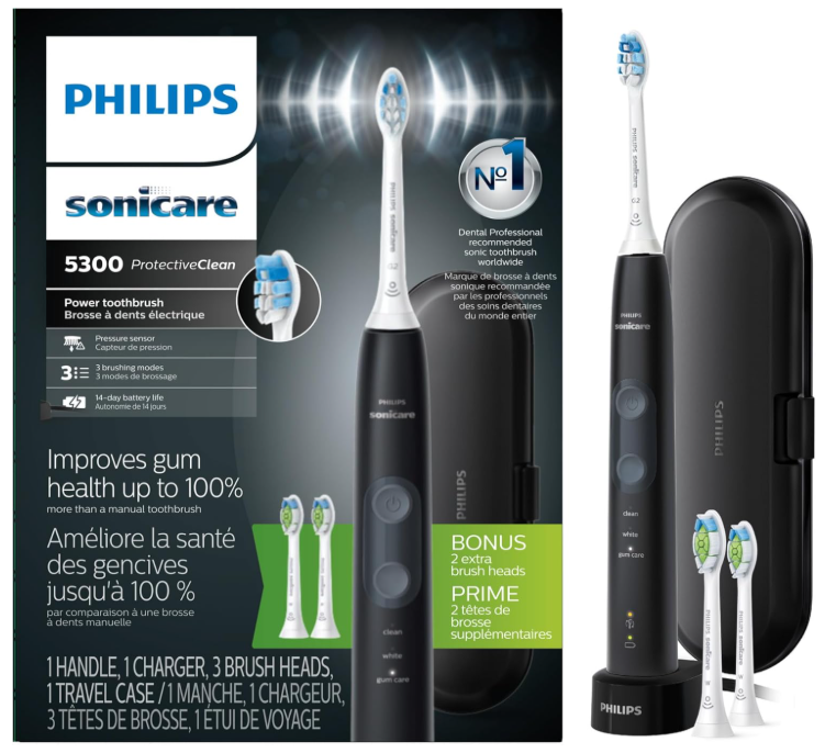 Philips Sonicare ProtectiveClean 5300 Rechargeable Electric Toothbrush, with Pressure Sensor, 3 Cleaning Modes, SmarTimer and QuadPacer, with 2 Bonus Brush Heads, Travel Case, Black, Model HX6423/34